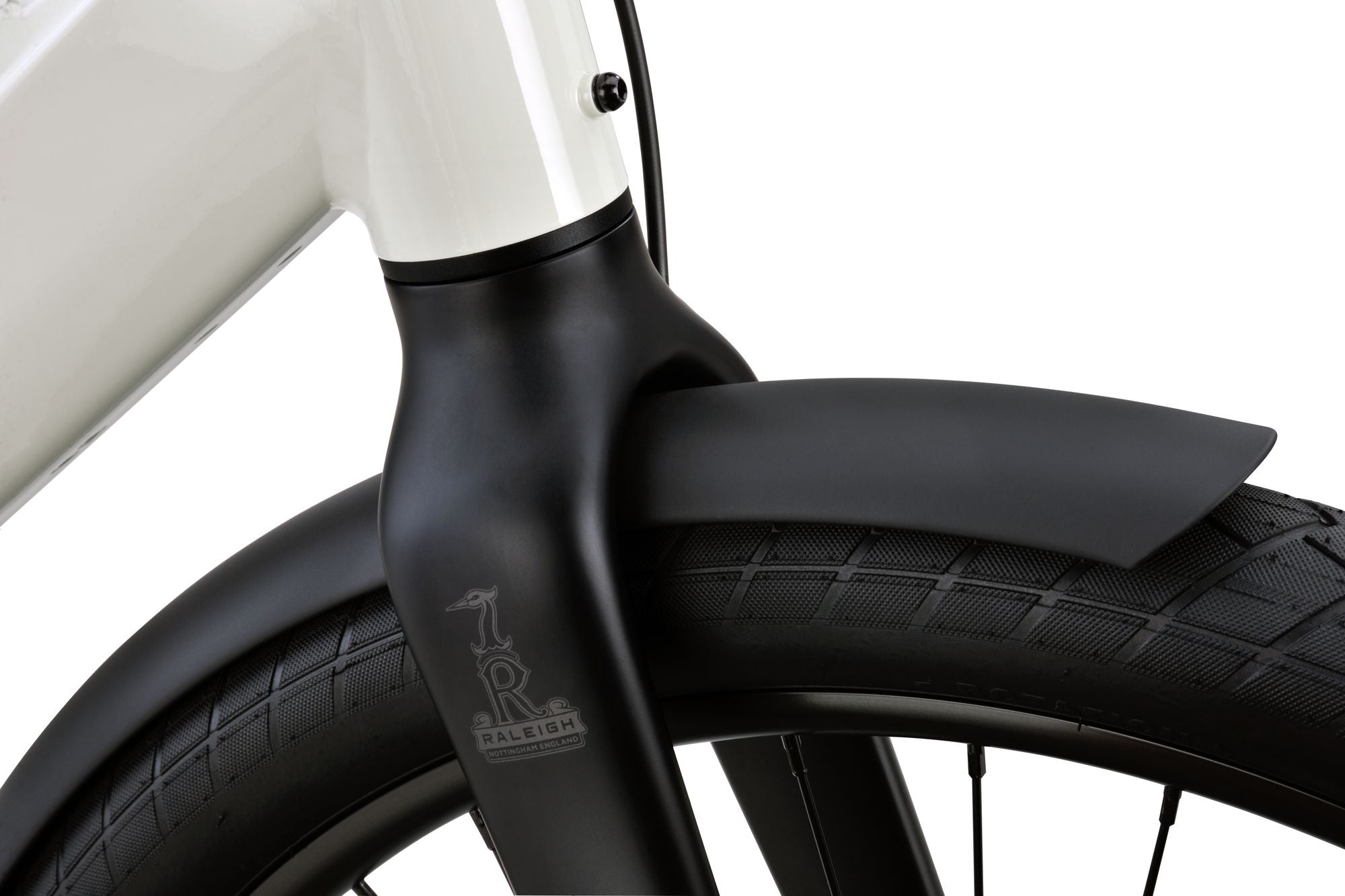 Raleigh ONE white logo on front fork2